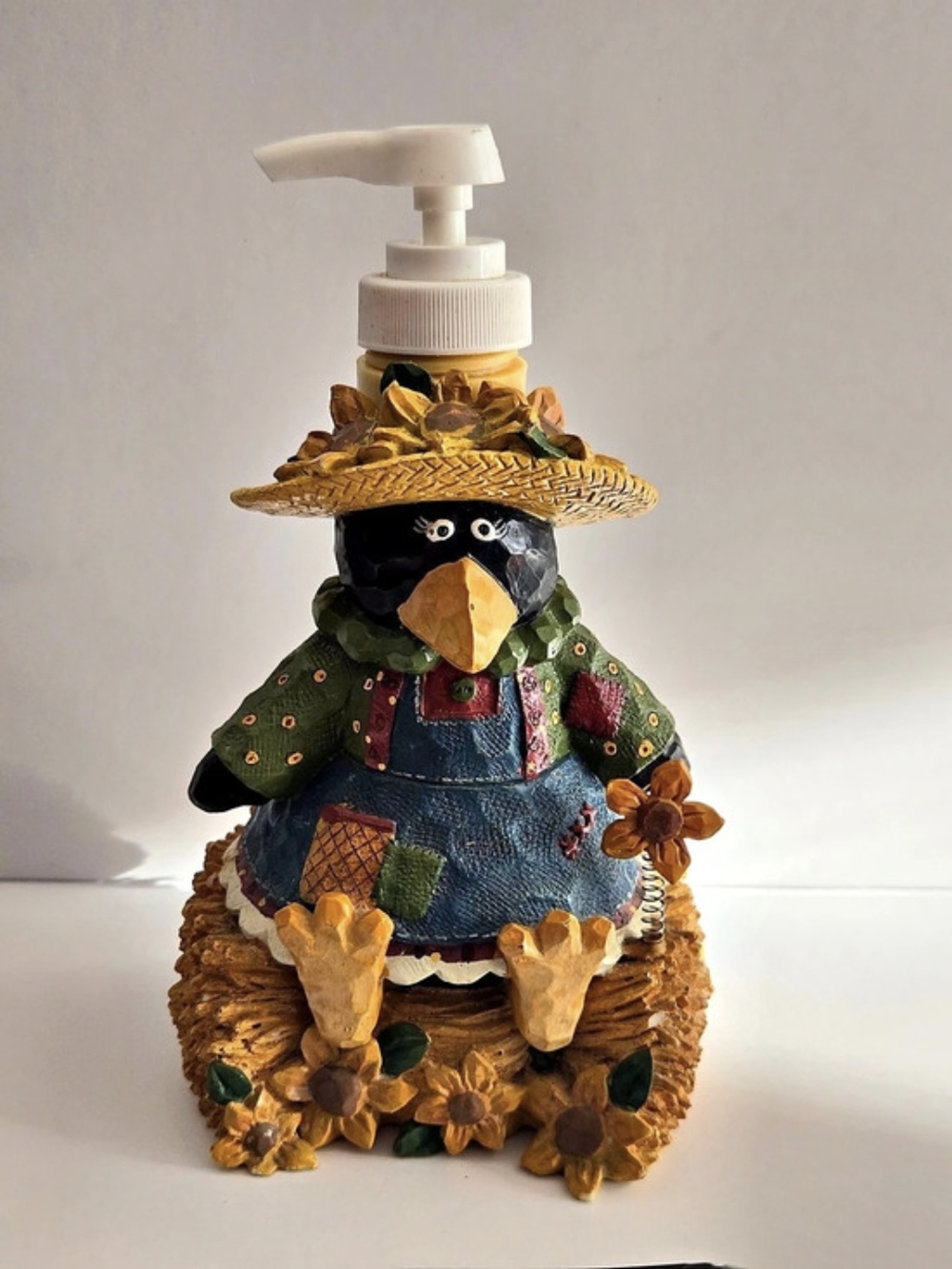Vintage Primitive Country Folk Art Crow Resin Soap Dispenser Fall Harvest Decor